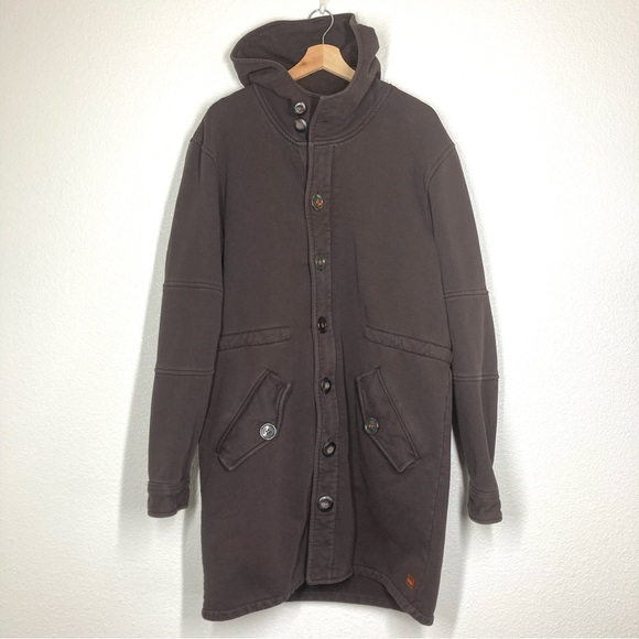 Hugo Boss Long Coat Hooded Jacket Large Brown Orange Detail Chunky Cotton - Picture 1 of 16